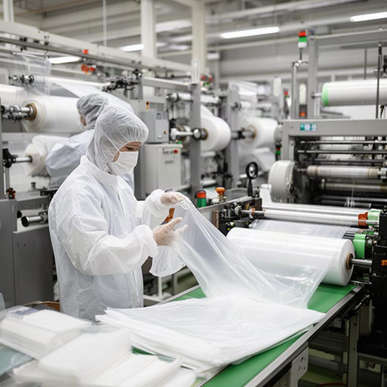 東大阪の製造ラインでゴミ袋の厚さと仕上がりを確認するスタッフ