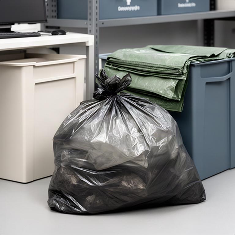 再生プラスチックを使った半透明ゴミ袋の束と分別ボックス