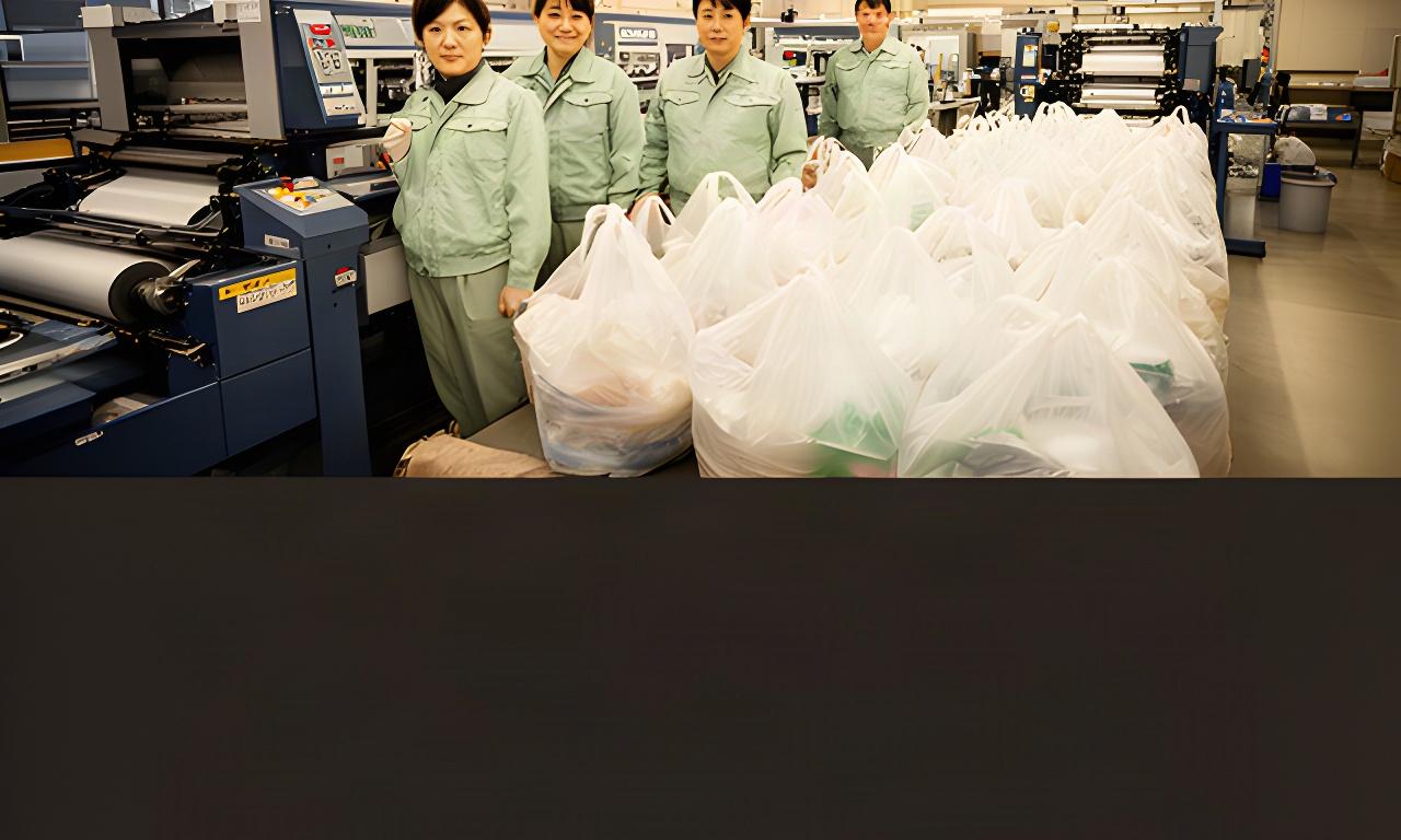 工場内で製造ラインを見守るK.S.Q. ポリ袋のスタッフと整然と並ぶゴミ袋製品