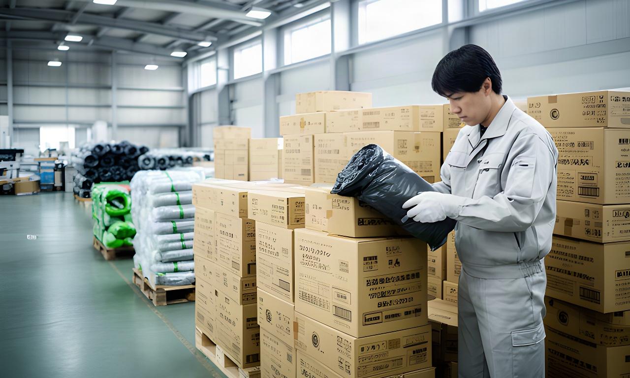 工場内で検品されたゴミ袋の箱を確認する作業風景