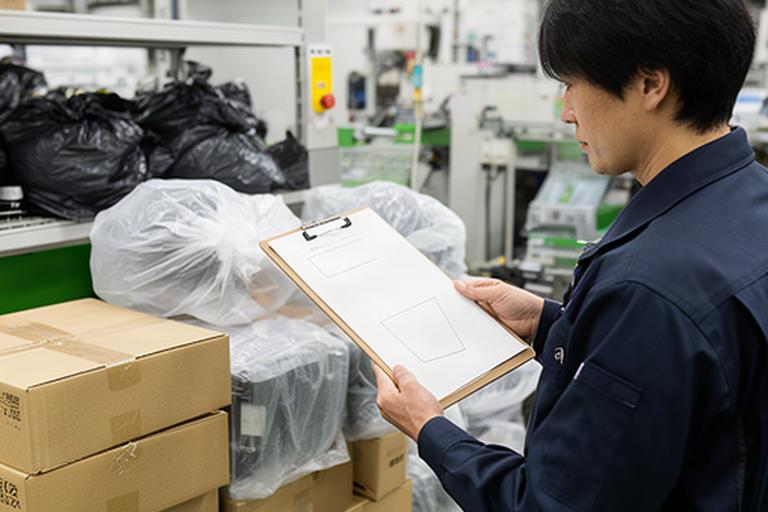 東大阪の製造現場でゴミ袋の品質記録を確認する担当者