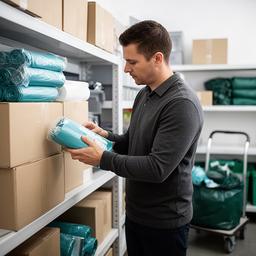 事業所の資材置き場で袋の箱を確認する担当者