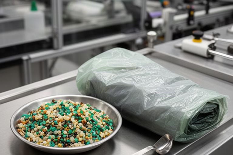 再生樹脂ペレットと環境配慮型ゴミ袋を並べた大阪の工場検査台