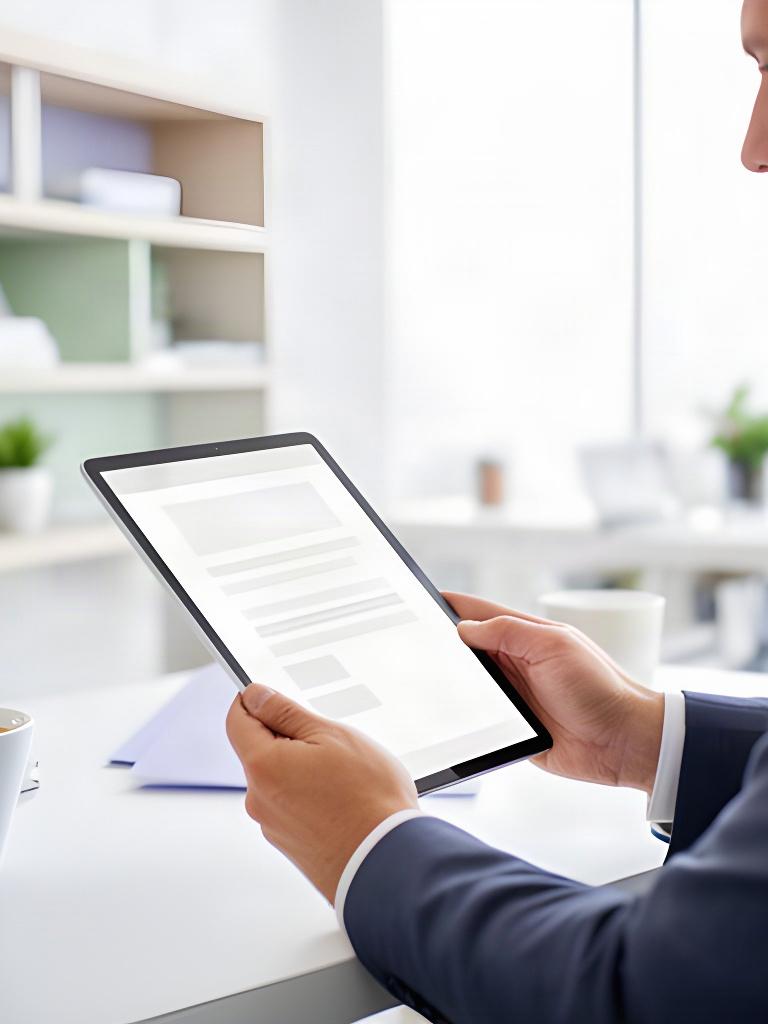 明るい事務所で担当者がウェブサイトの利用条件を読み込む場面